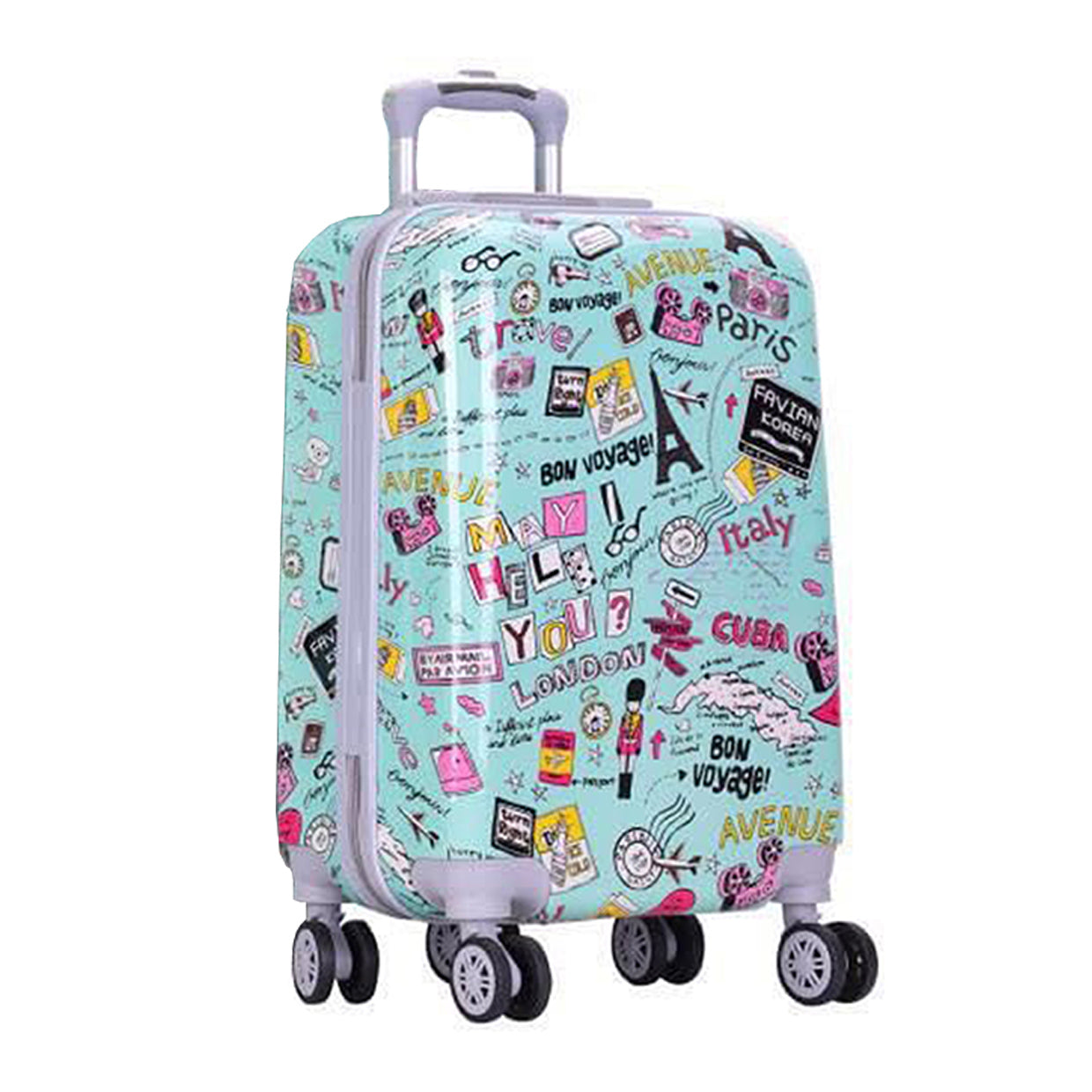 4 Pcs Set 7" 20" 24" 28 Inches Green Paris Printed Spinner Wheel Luggage Bag