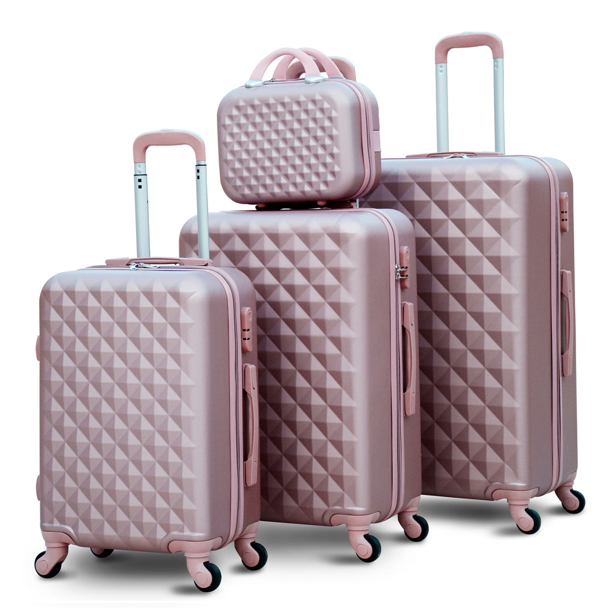 Lightweight ABS Luggage | Hard Case Trolley Bag | 4 Pcs Set 7” 20” 24” 28 Inches | Diamond Cut Rose Gold