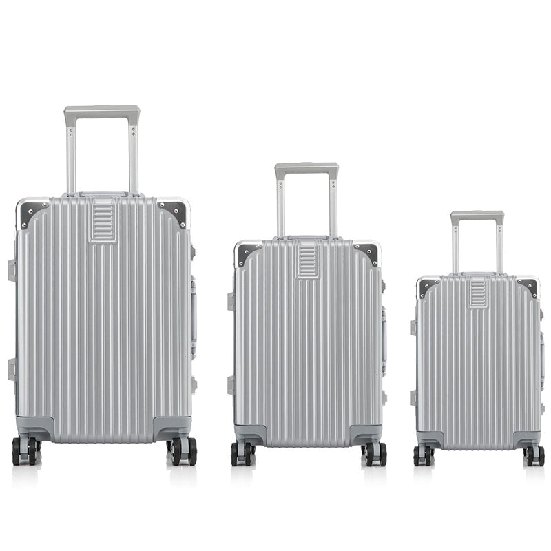 3 Piece Set 20" 24" 28 Inches Silver Colour Aluminium Framed Hard Shell Without Zipper TSA Luggage with Spinner Wheel